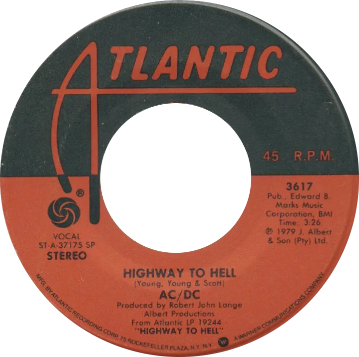 Лейбл винилового сингла Highway to Hell, США, 1979