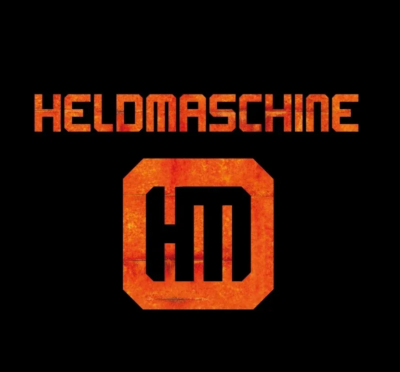 Логотип Heldmaschine на чёрном фоне, оранжевая надпись и монограмма HM