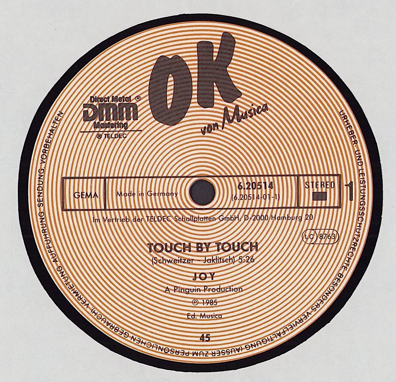 Лейбл-вкладыш (этикетка) пластинки Joy — Touch by Touch, OK Musica, середина 1980-х