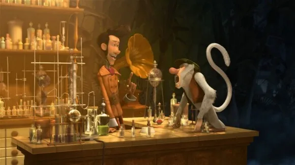 Кадр из мультфильма: персонажи в лаборатории среди колб и механизмов