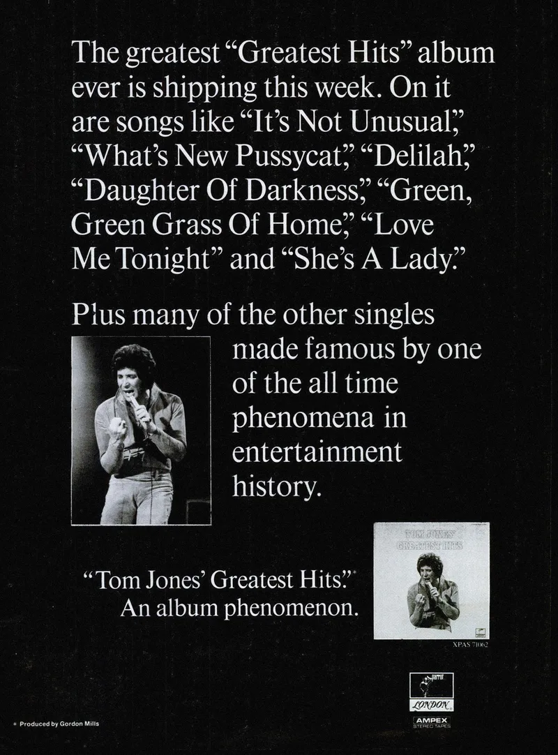 Рекламное объявление альбома Tom Jones' Greatest Hits, 1973