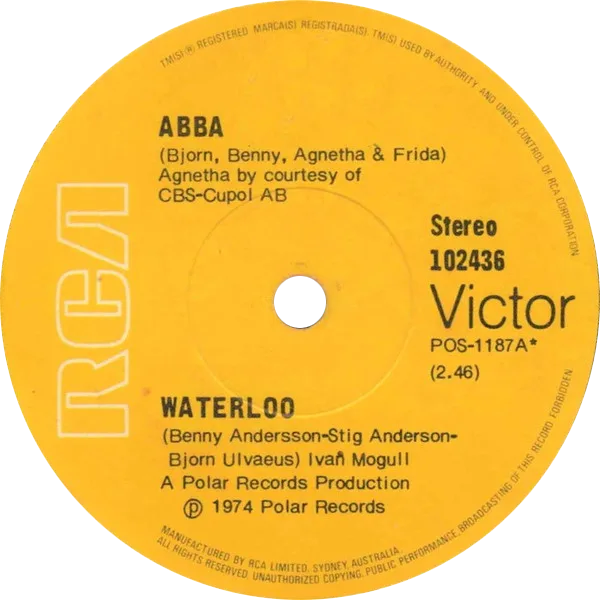 Лейбл австралийского сингла Waterloo группы ABBA, сторона A, 1974